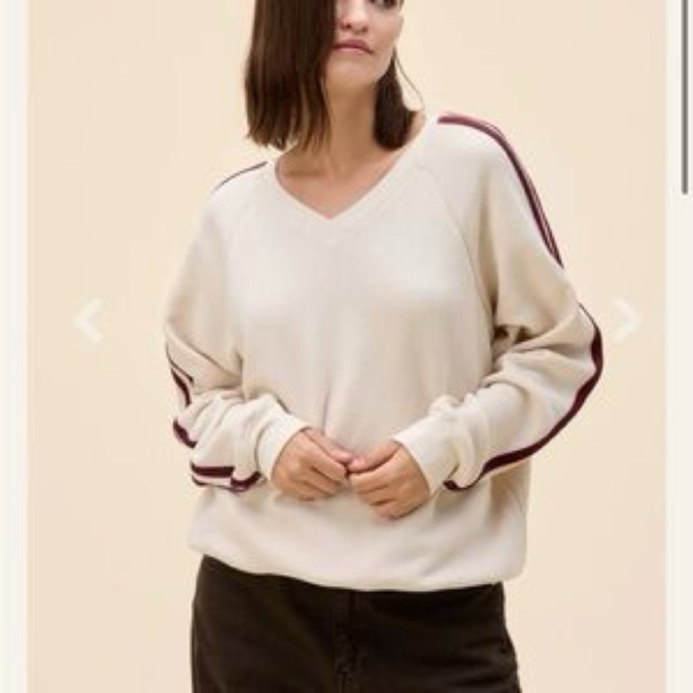 Daydreamer Cream V-Neck Sweater with Burgundy Stripes